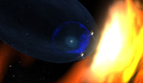 Солнечная система с орбитами планет, завершающая ударная волна (синий цвет) и гелиопауза (серая дуга), а также - положение двух аппаратов (иллюстрация NASA/JPL).