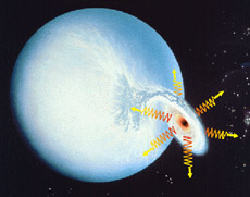 Чёрная дыра притягивает облако газа, разогревая его. Излучение, испускаемое при этом частицами газа, – один из способов обнаружить ''невидимый'' объект (иллюстрация CXC/S.Lee).