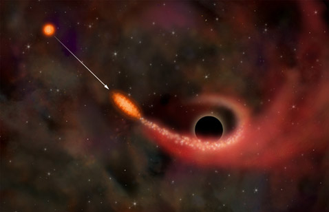 Вселенский шредер: чёрная дыра ''перерабатывает'' материю без остатка. Согласно квантовой теории может происходить спонтанное рождение частиц и античастиц из вакуума. Если поблизости есть чёрная дыра, то её поле притянет ближайшую частицу, а другая частица, в силу квантовых эффектов, ''уйдёт'' на большее расстояние, унося с собой часть энергии-массы (и информации) чёрной дыры — это явление названо излучением Хокинга. В течение своего формирования чёрные дыры поглощают множество падающих на них частиц различных типов и свойств. Хотя квантовая теория требует, чтобы подобная информация была сохранена, до недавнего времени считалось, что она теряется в недрах дыры (иллюстрация NASA).