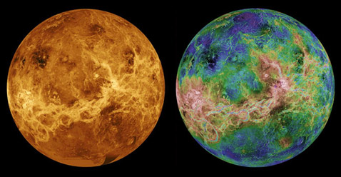 Компьютерная симуляция вида Венеры без облаков (слева) и композитное радарное изображение того же полушария (справа), полученные в ходе миссии Magellan. Центр кадра - 180 градусов восточной долготы (иллюстрация NASA/USGS).