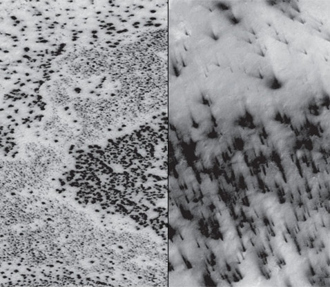 Характерные марсианские полярные ''узоры'': слева - пятна, справа - ''веера'' (фото MOC).
