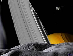 Миссия Cassini-Huygens - одно из самых впечатляющих предприятий человечества в космосе. На рисунке - земной зонд в системе Сатурна, видимый с поверхности Пандоры (Pandora) - одной из малых лун планеты-гиганта (иллюстрация с сайта saturn.jpl.nasa.gov).