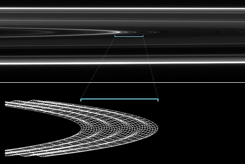 Вверху - волнистая структура в кольце D, внизу - её модель. Эта аномалия, по-видимому, возникла при столкновении с астероидом или кометой в 1984 году. Образовавшиеся волны, похоже, сглаживаются со временем (фото и иллюстрация NASA).