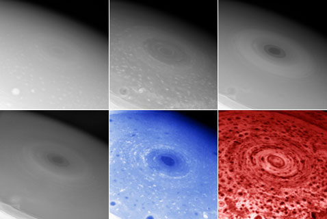 Снимки вихря, полученные на разных длинах волн. Верхний ряд - 460, 752 и 728 нанометров, нижний - 890, 2,8 тысячи и 5 тысяч нанометров (фото NASA/JPL/Space Science Institute/University of Arizona).