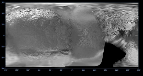 Нет, это не яичница, которая упала из сковородки на пол. Это карта Япета, сделанная аппаратом Cassini в стародавние времена - в декабре 2005-го. Деталей, как видите, на ней можно обнаружить немного (фото NASA/JPL/Space Science Institute).