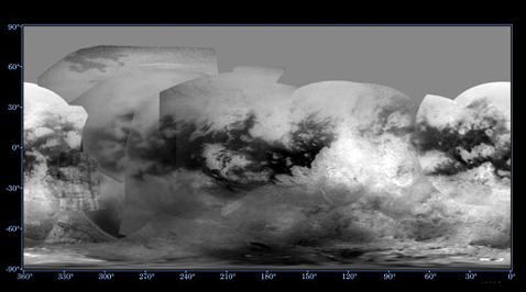 Вот так выглядит карта Титана по данным на октябрь 2007 года. Она собрана из изображений различных съёмок; среднее разрешение 4 километра (иллюстрация NASA/JPL/Space Science Institute).