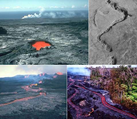 А это кадры с родной планеты. Вверху на левом снимке - активный гавайский вулкан Килауэа (Kilauea), на правом - застывшие потоки магмы на равнине Снейк Ривер (Snake River) в штате Айдахо. Внизу - <живые> потоки магмы от Килауэа. Здесь яблонь уже не будет (фото Chritina Heliker, Ron Greeley).