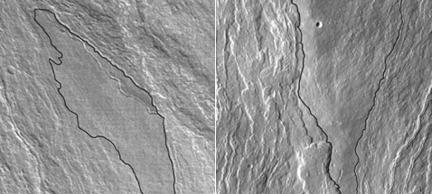 Снимки двух свежих потоков лавы (контуры выделены тёмной линией) в Tharsis Montes, лежащих поверх старых (фото ESA, NASA).