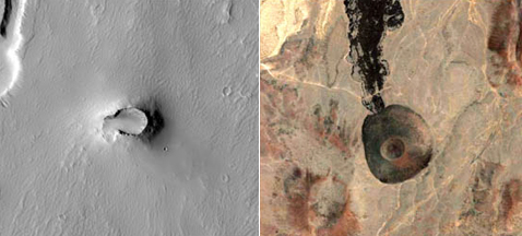 Снимки кратеров, не засыпанных шлаком, а значит, ещё дремлющих. Слева - Pavonis Mons на Марсе, справа - кратера вулкана в Аризоне, который предположительно тоже пока спит (фото NASA, Google).