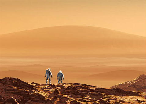 Потрясённые Джон Смит и Иван Петров - первый и второй люди на Марсе - восторгаются видом горы Олимп. <Джон, это тот самый Олимп?> <Да, он самый!> (иллюстрация Astrofoto/Schoofs).