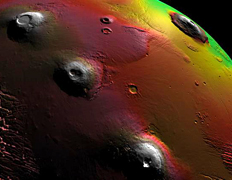 Исследованные вулканы Марса. Нет ничего прекраснее далёких планет в искусственных тонах! (иллюстрация NASA/Goddard Space Flight Center Scientific Visualization Studio).