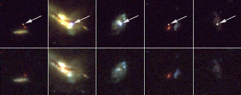 Вспышки некоторых сверхновых, изучавшиеся в работе Рисса (показаны стрелками) и происходившие в период от 10 до 3,5 миллиардов лет назад. Вверху: галактики во время вспышки их сверхновых (положение указано стрелками), внизу: галактики после вспышек (NASA, ESA, A. Riess/STScI).