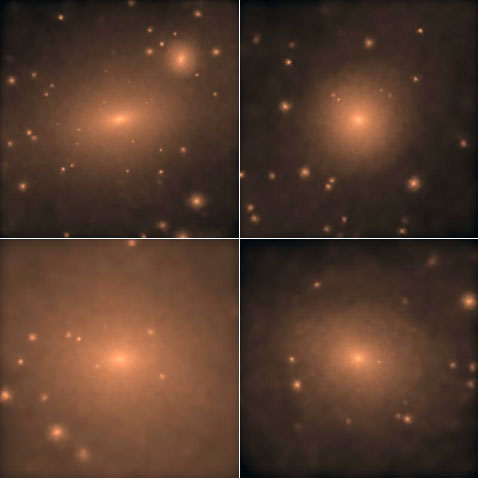 Четыре самых крупных субгало тёмной материи в наши дни. Как видно, внутри этих субгало находятся пятнышки поменьше - субсубгало (иллюстрация J. Diemand, M. Kuhlen, P. Madau).