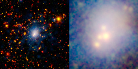 На этом снимке представлено комбинированное изображение, полученное с помощью различных телескопов. То, что снято с помощью Spitzer, показано красным. Изображения в оптическом диапазоне - зелёным. Оранжевые и жёлтые участки - места наложений оптических и инфракрасных снимков. Голубым выделена часть снимка, полученная от орбитальной рентгеновской обсерватории Chandra, данные которой также привлекались для исследования. Справа - увеличенная часть снимка с четырьмя яркими точками - галактиками (фото NASA/JPL-Caltech/K. Rines/Harvard-Smithsonian CfA).