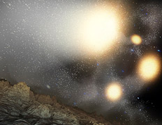 Наши вебкамеры установлены во многих уголках Вселенной. Есть одна и на планете в одной из тех четырёх галактик. Вот так выглядит тамошний небосклон - на нём сливающиеся галактики можно рассмотреть более детально, чем на земном (иллюстрация NASA/JPL-Caltech/T. Pyle/SSC).