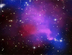 Тёмная (здесь, правда, синяя) материя, межгалактический газ (красный) и галактики в Abell 520 раздружились окончательно (анимация NASA/CXC/UVic./A.Mahdavi et al.; CFHT/UVic./A.Mahdavi et al.).